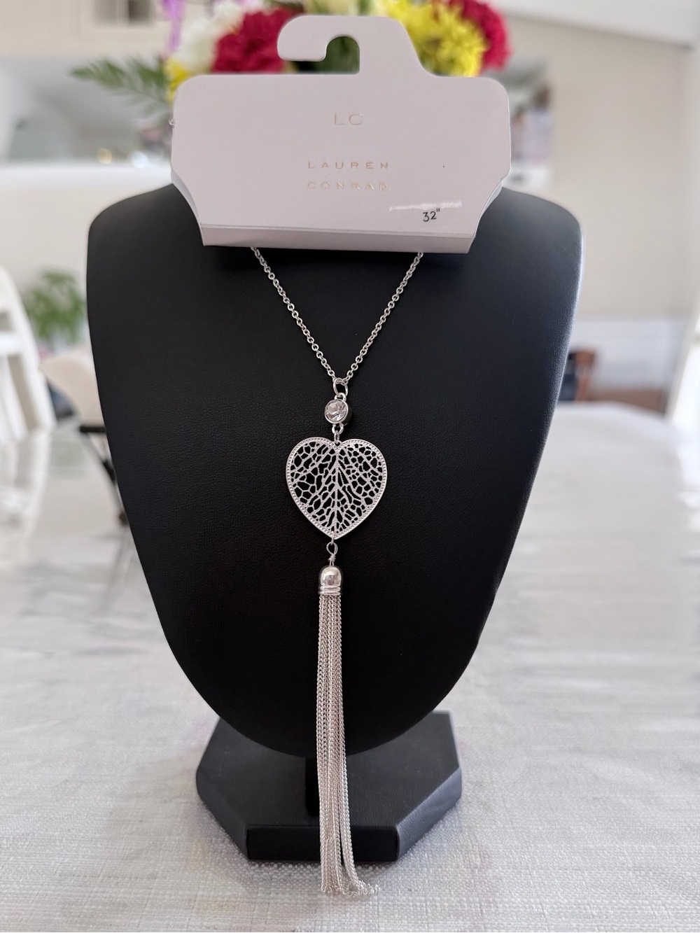 Lauren Conrad Silver Heart Filigree Tassel Necklace - 32 in - Picture 4 of 6